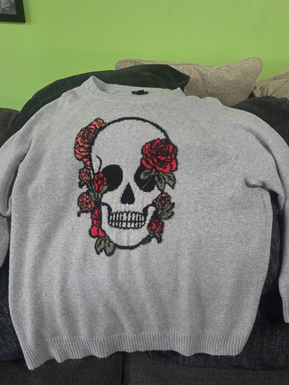 torrid Gray Crewneck Sweater with Red Rose Skull Graphic